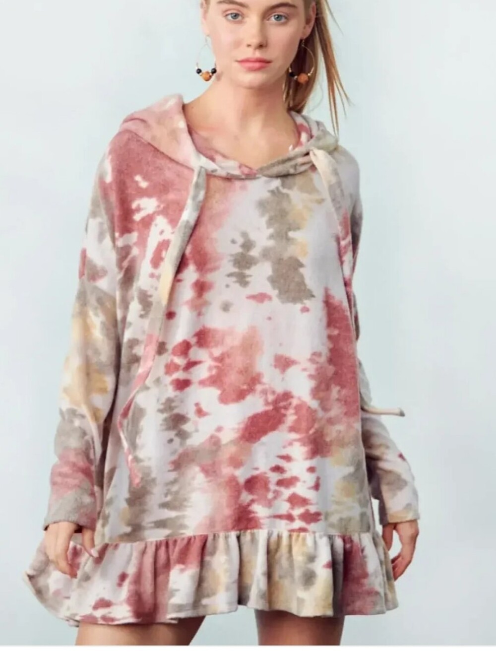 Comfy Tie-Dye Fleece Oversize Hoodie Dress Ruffle Hem Dusty Rose Sz S M L XL